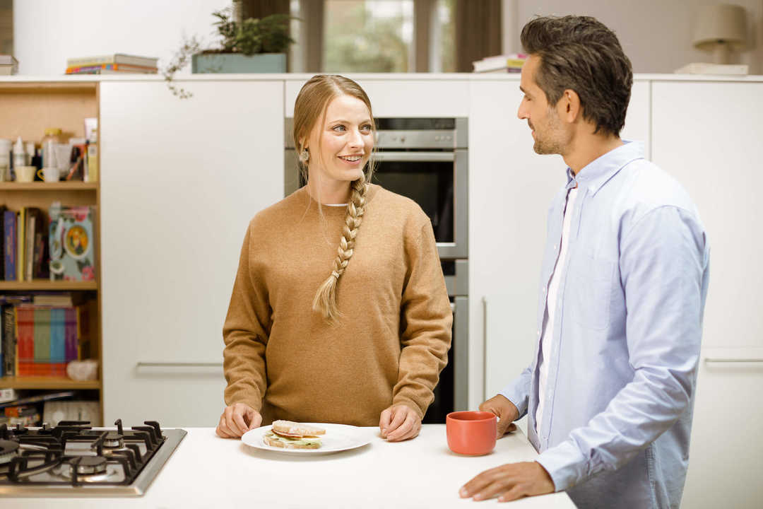 woman and man talking